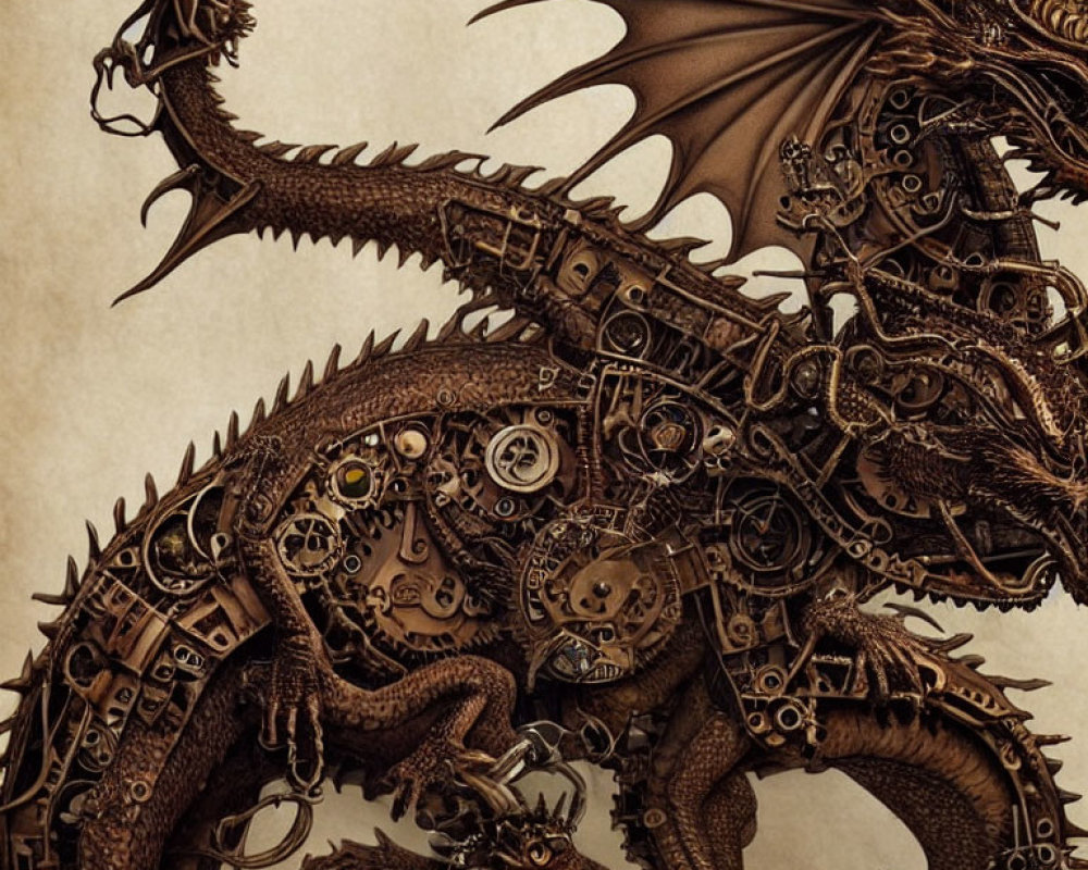 Steampunk dragon with mechanical details and sepia tones