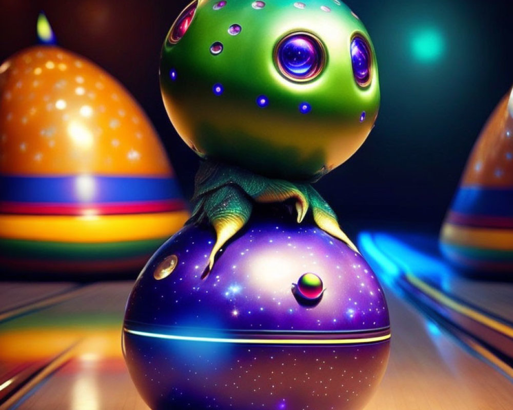 Colorful Alien Creature on Bowling Ball in Vibrant Alley