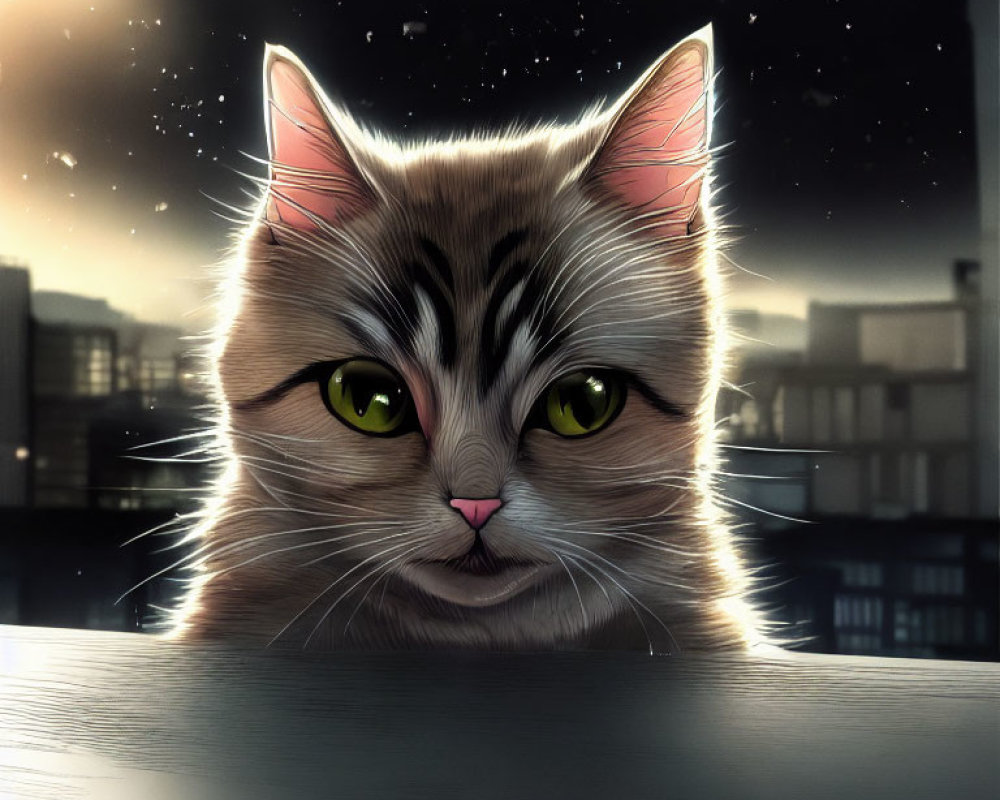 Illustration of tabby cat with green eyes against city skyline at dusk