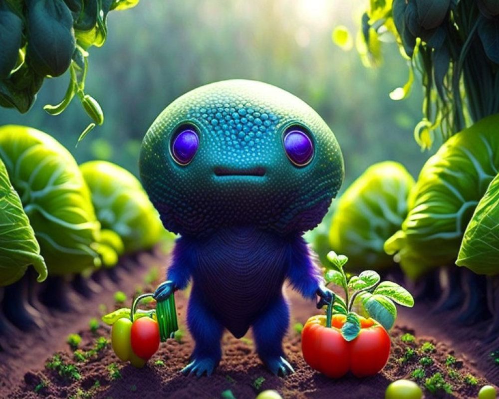 Blue reptilian creature with purple eyes in vegetable garden with tomatoes