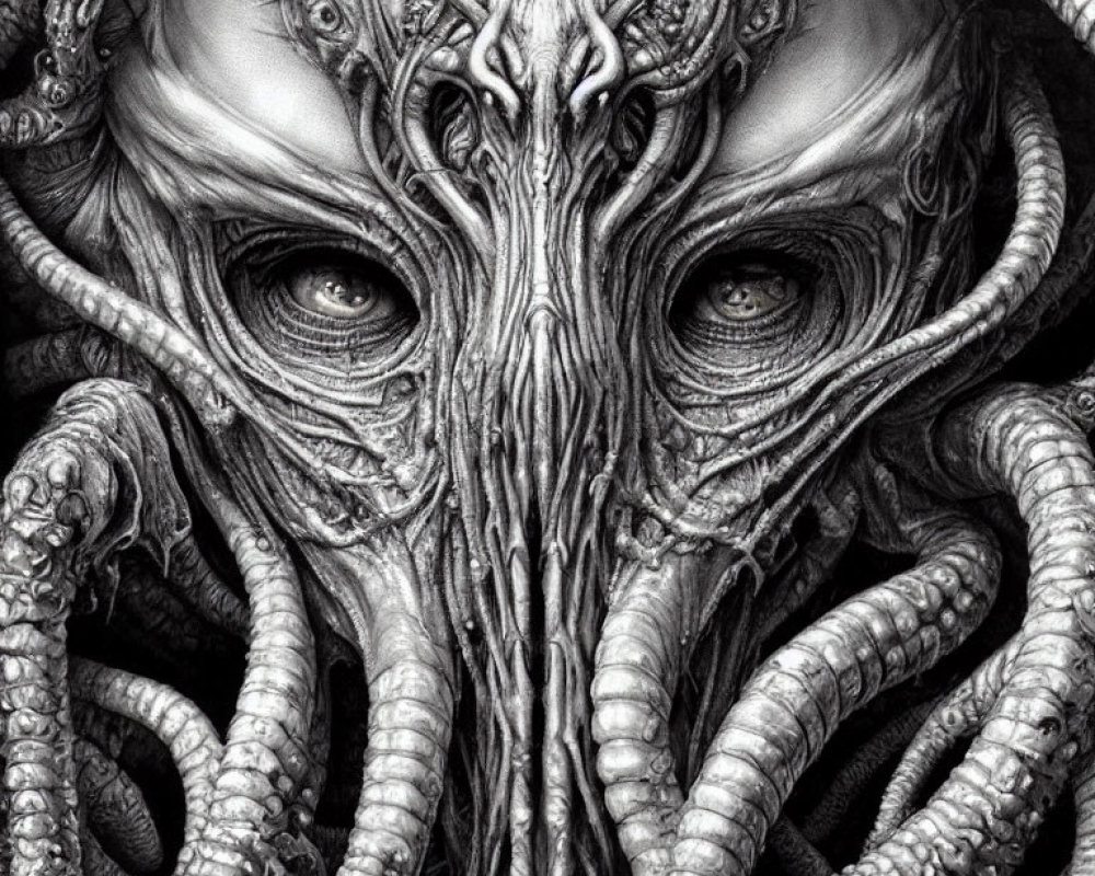 Detailed Black and White Creature Illustration with Tentacles and Intricate Textures