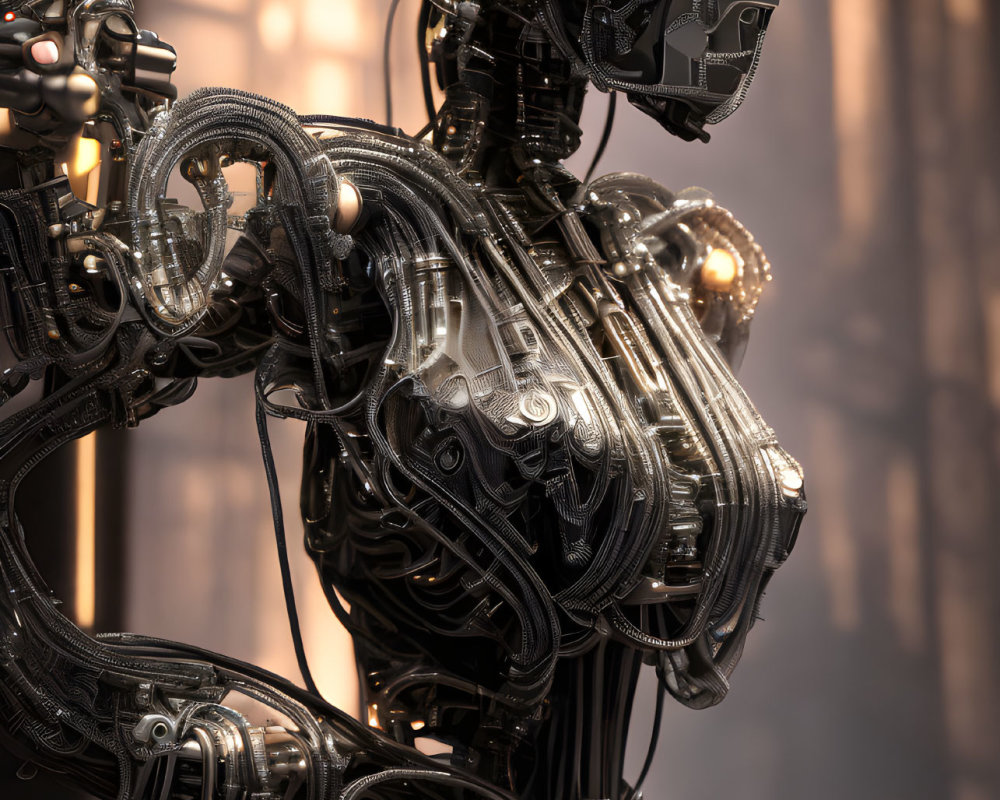 Detailed Close-Up of Advanced Robotic Figure with Intricate Wiring