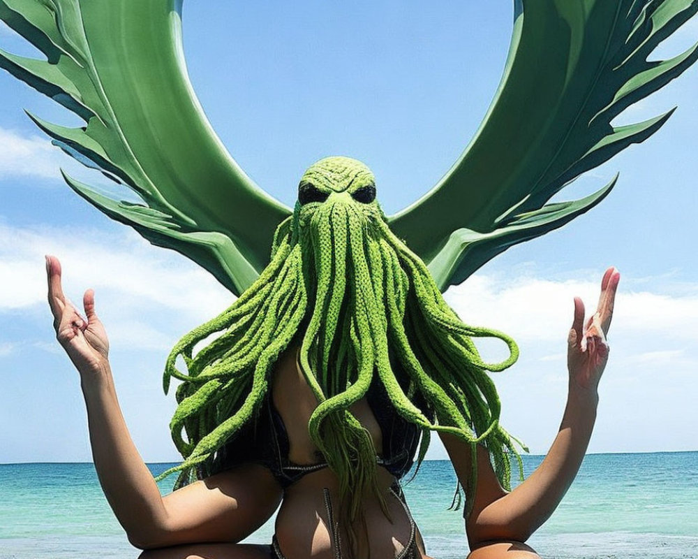 Black Bikini Beach Meditation with Octopus Head and Green Tentacles