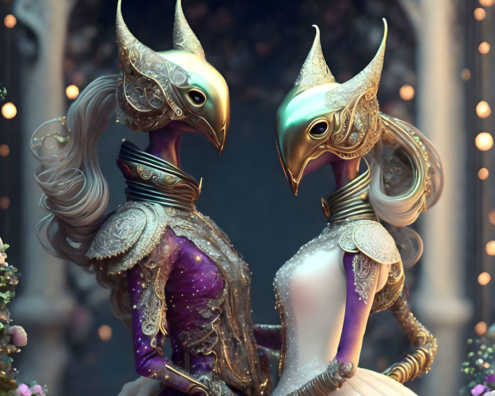 Ornate bird-masked figures in elegant attire touching hands amid soft lights and florals