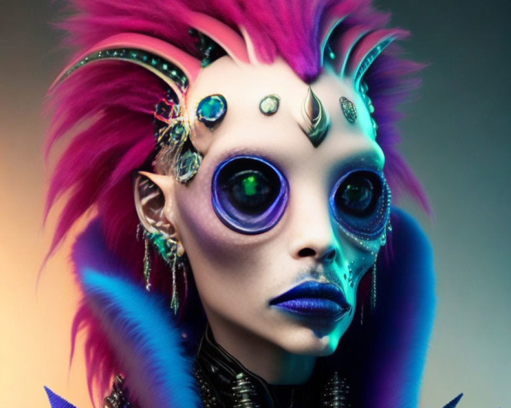 Portrait of person with purple skin, blue eyes, pink and blue mohawk, futuristic jewelry.