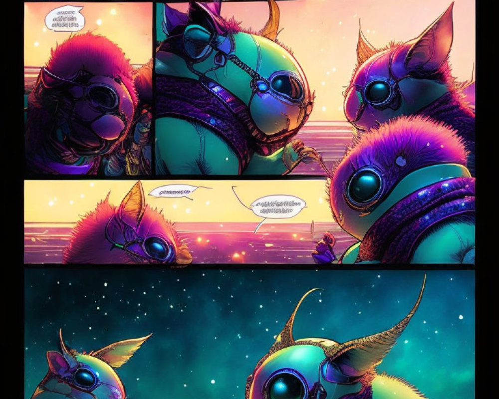 Vibrant comic strip featuring insect-like alien in cosmic setting