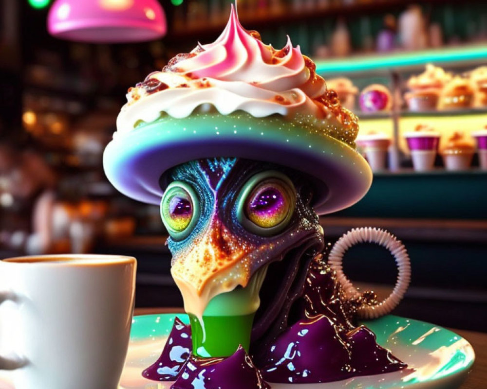 Vibrant digital artwork: Alien melting next to coffee cup