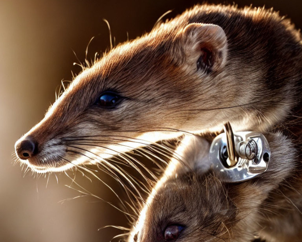 Two stoats on reflective surface with sunlight creating mirror image