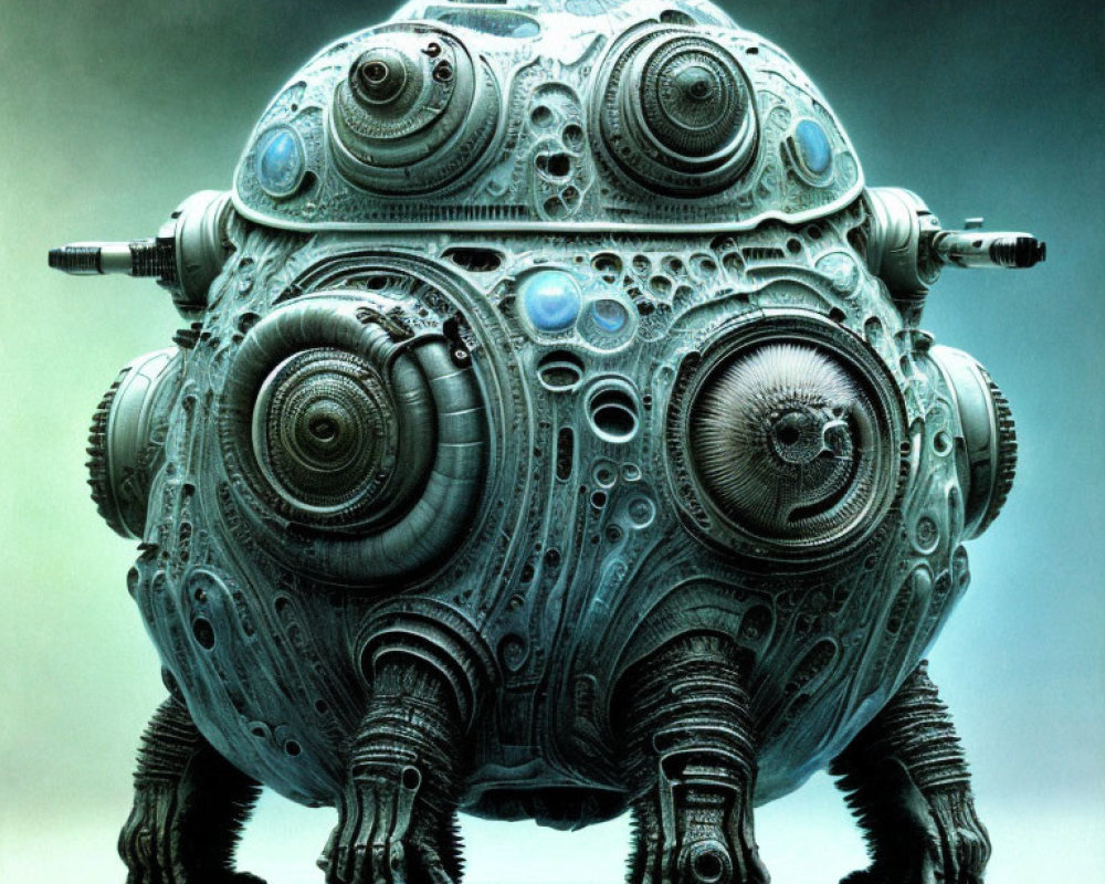 Intricate spherical robot with multiple lenses and accordion-like legs signature.