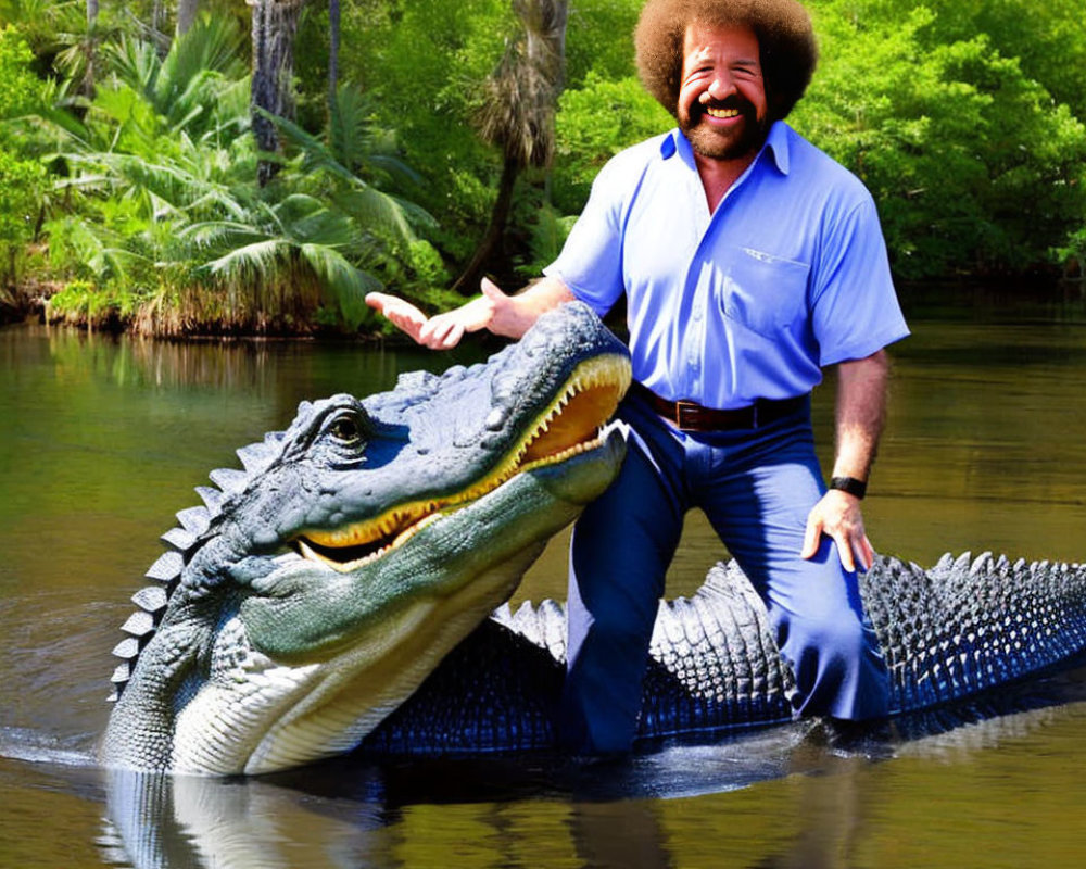 Man with Large Afro Smiling on Alligator in Swampy Area