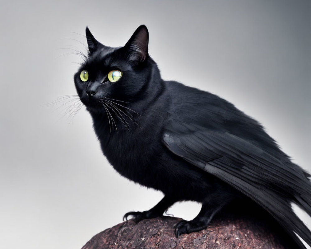 Black Cat with Green Eyes on Rocky Surface