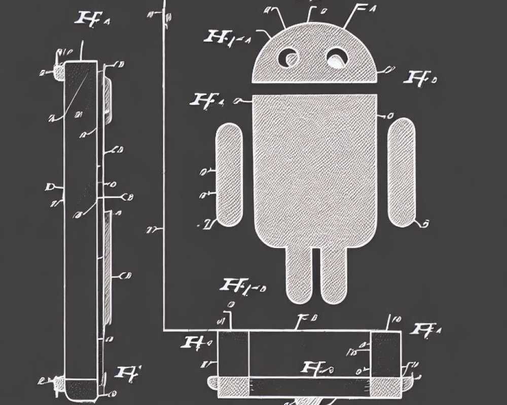 Detailed black and white technical drawing of Android robot mascot schematic with dimensions and annotations.