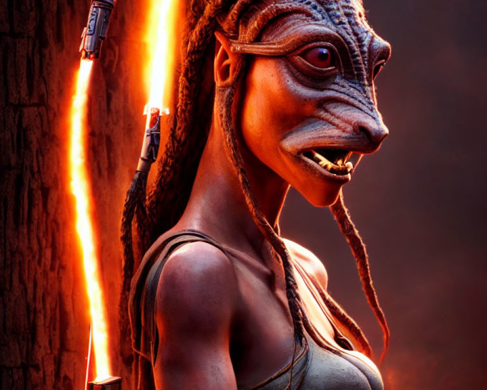 Character with reptilian features and fiery weapon in close-up against dark backdrop