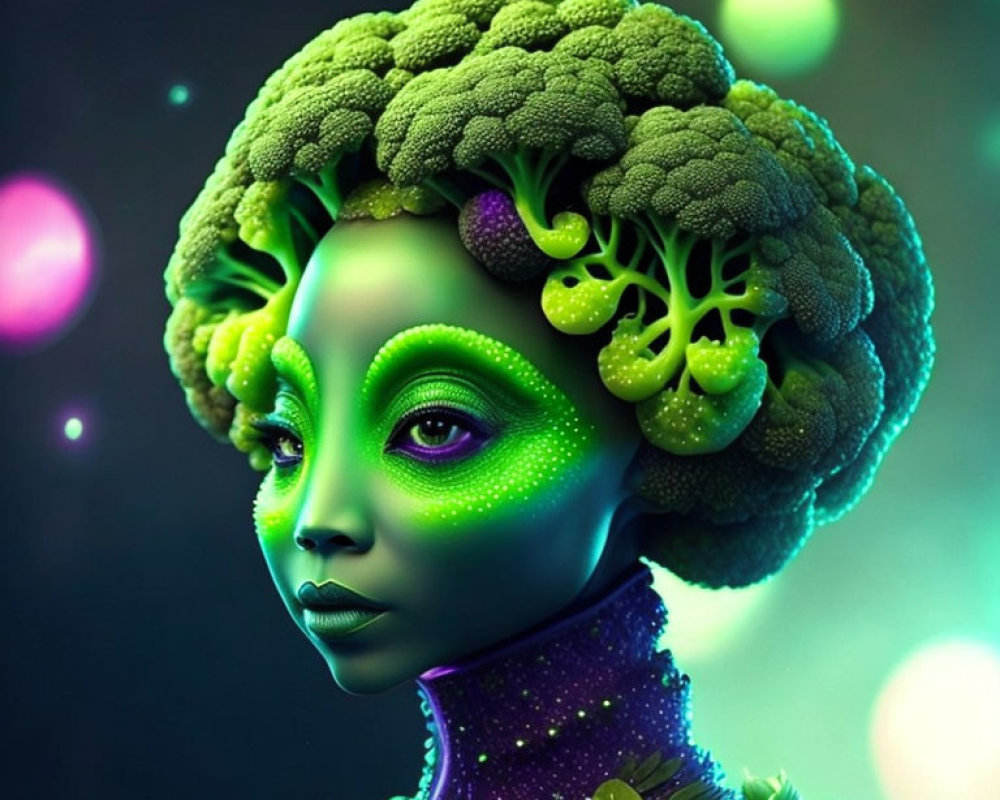 Surreal portrait of female figure with green skin and broccoli hair on dark background with bokeh lights