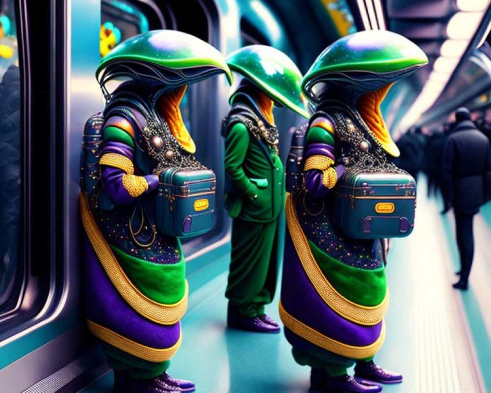 Colorful Alien-Like Characters in Subway Train with Suitcases