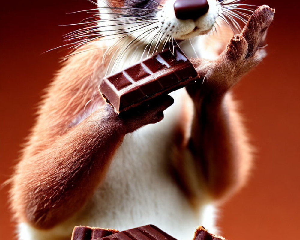 Small mammal eating dark chocolate on warm background