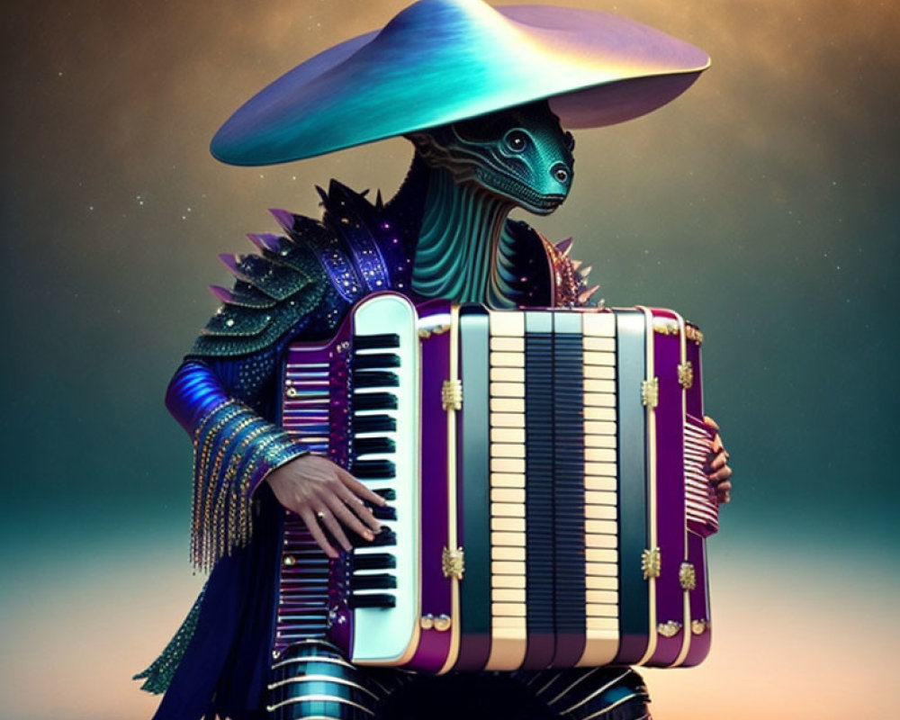 Colorful Alien with Mushroom Head Plays Accordion on Gradient Background