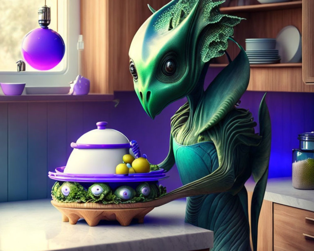 Green dragon-like creature with yellow eyes in kitchen with cake and fruit.