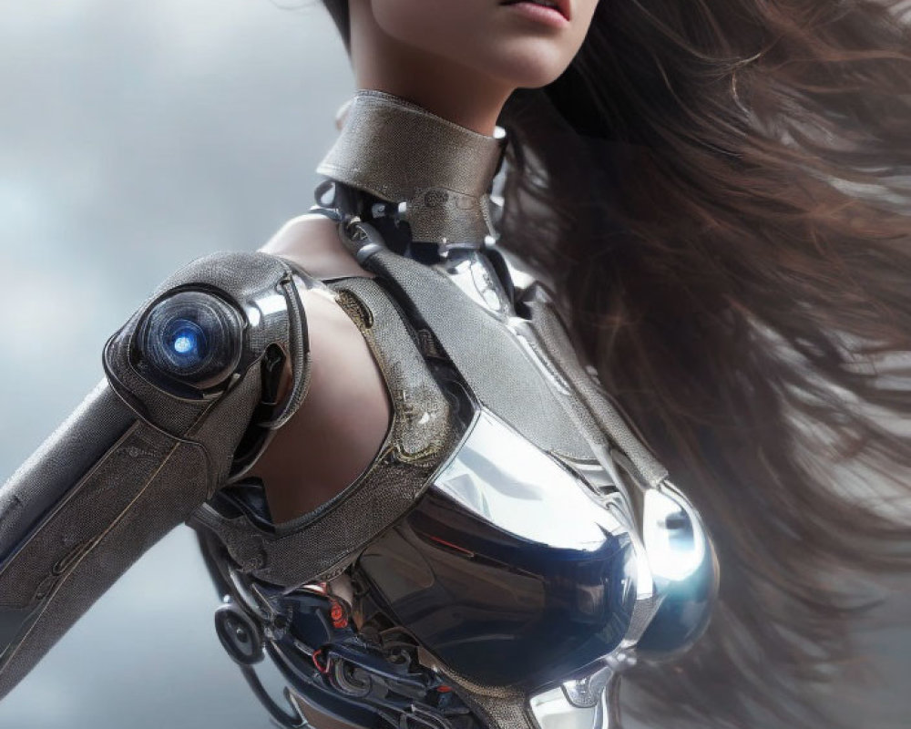 Female-presenting android with dark hair and cybernetic limbs on cloudy backdrop