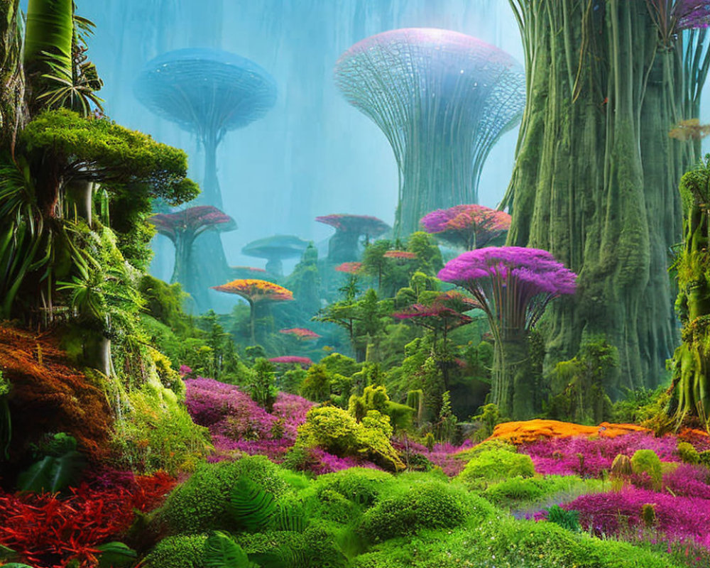 Mystical forest with towering mushroom trees under ethereal sky