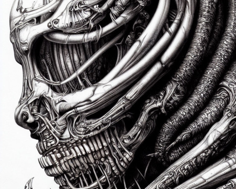 Detailed Monochrome Drawing of Biomechanical Entity with Intricate Textures