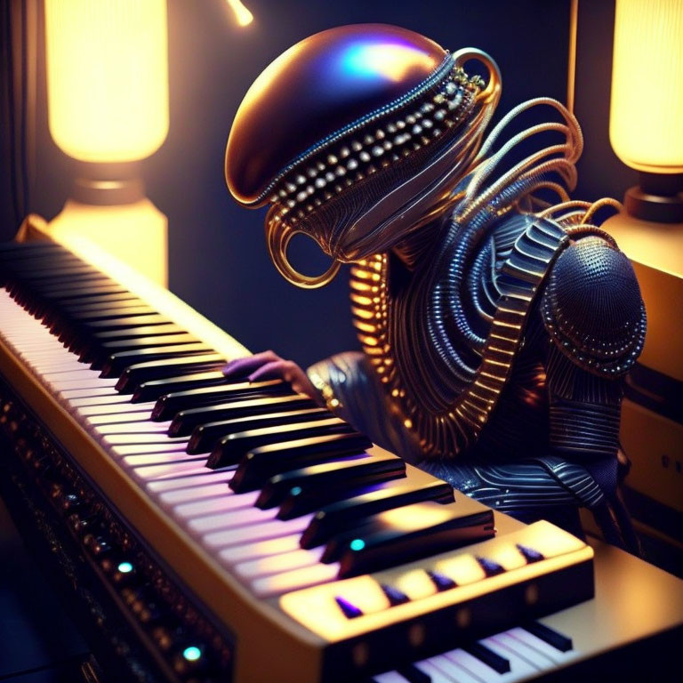 Futuristic humanoid figure in sleek armor playing keyboard under warm lighting