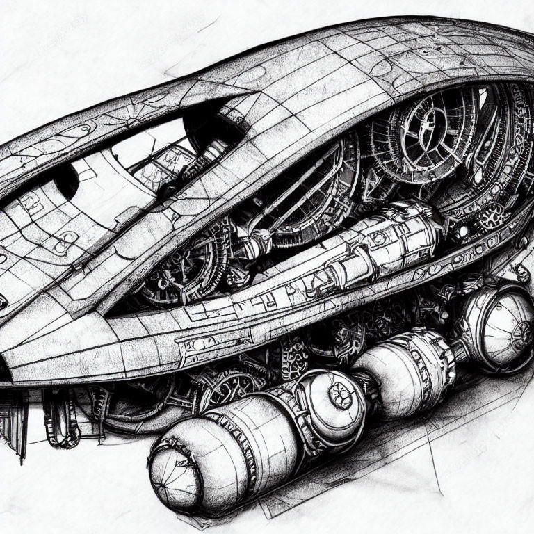 Detailed pencil sketch of futuristic spacecraft with intricate mechanical parts and textures, engine thrusters, and sleek hull