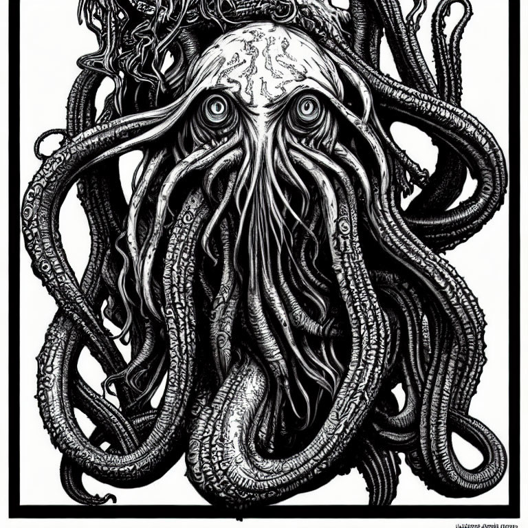 Detailed black-and-white Cthulhu-inspired octopus creature illustration