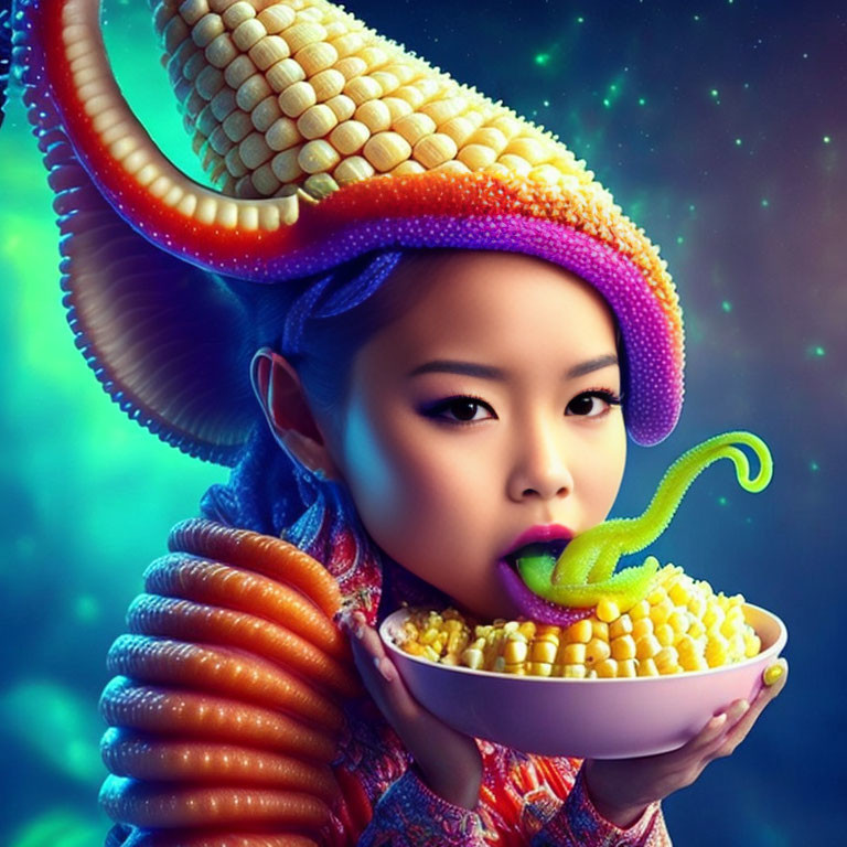 Girl with Corn Cob Hair and Tentacles Holding Corn Bowl in Cosmic Setting