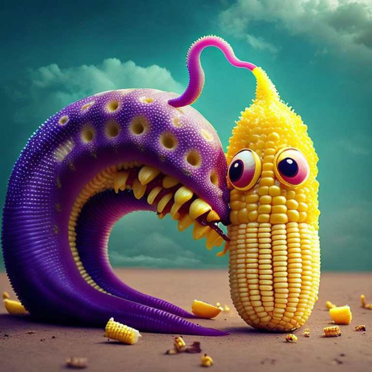 Anthropomorphized corn cob meets stylized purple creature in whimsical image