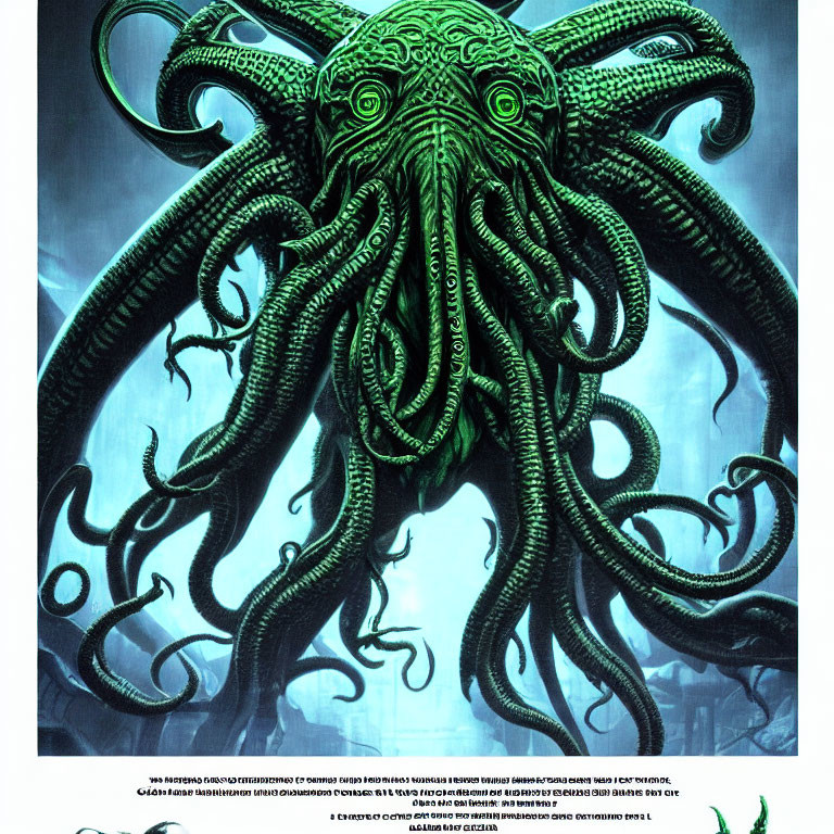 Detailed artistic rendition of green tentacled creature in underwater ruins