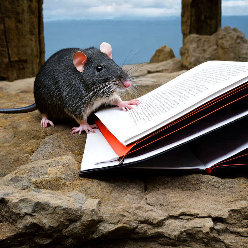 Rat on Stone Surface Peeking Over Open Book with Fluttering Pages