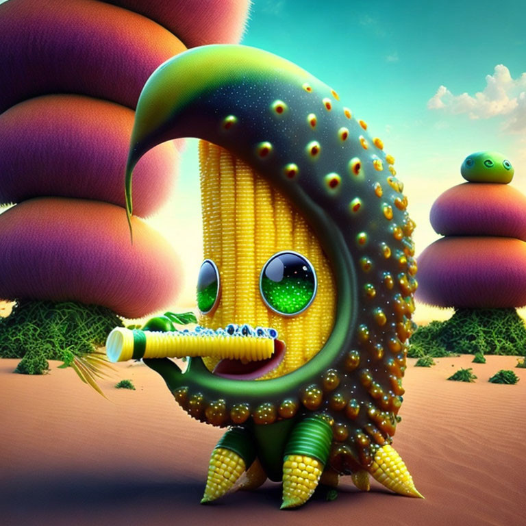 Whimsical creature with corn skin, banana mouth, and cucumber limbs in desert landscape