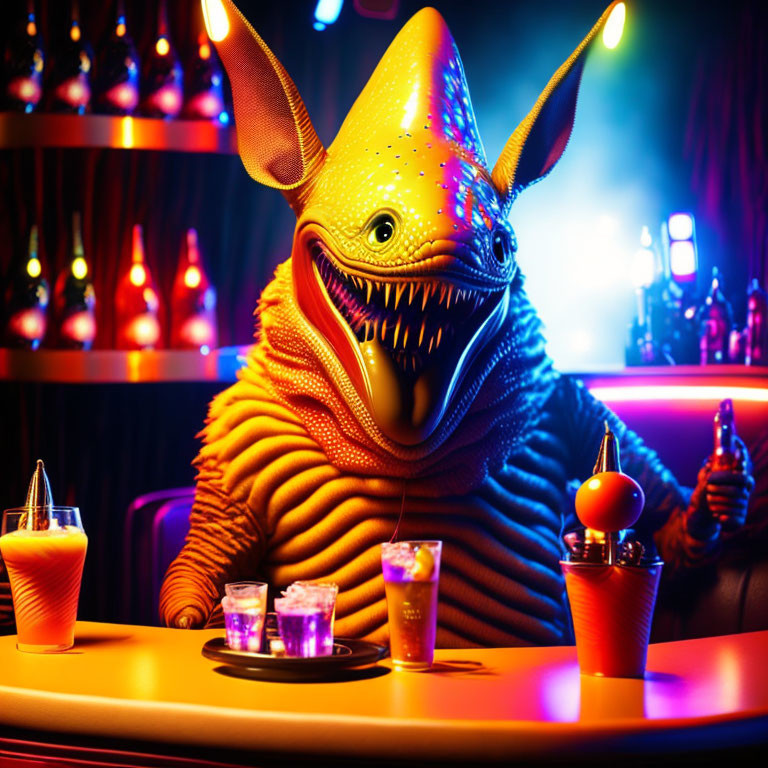 Colorful reptilian creature costume person at bar with neon lights