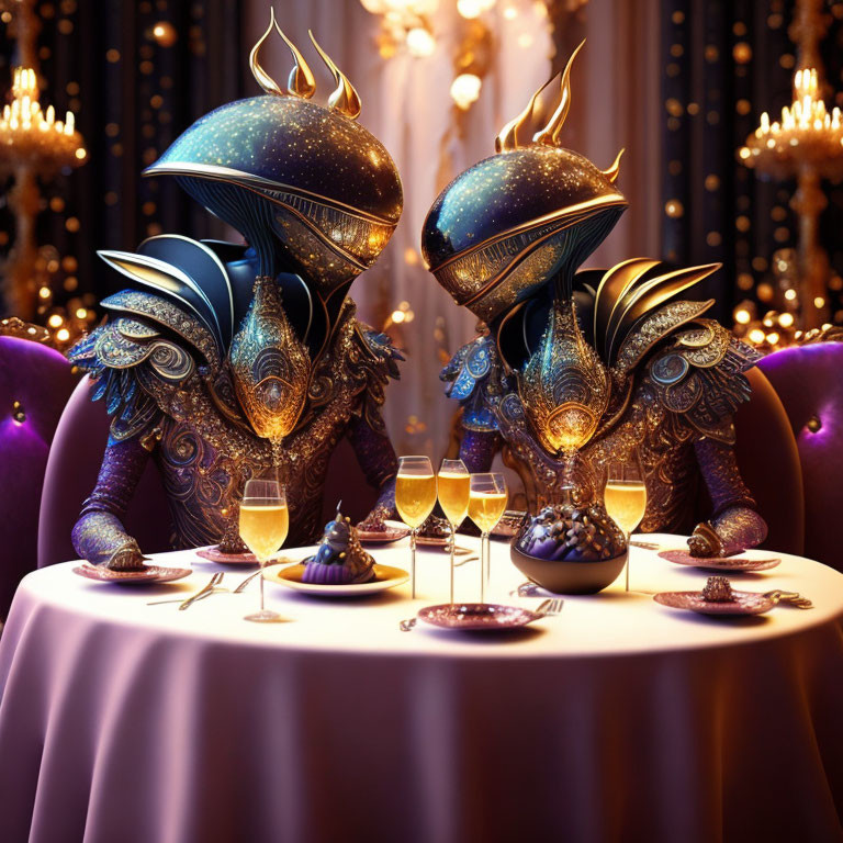 Ornate bird-like figures at luxurious purple and gold table setting