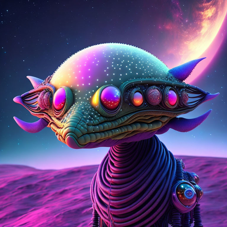 Colorful Spotted Alien with Multiple Eyes and Sharp Fins in Purple Starry Sky