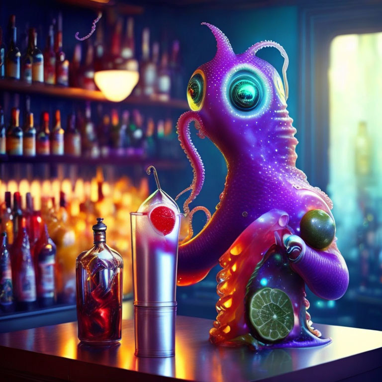 Colorful octopus-like creature with cocktail shaker at bar