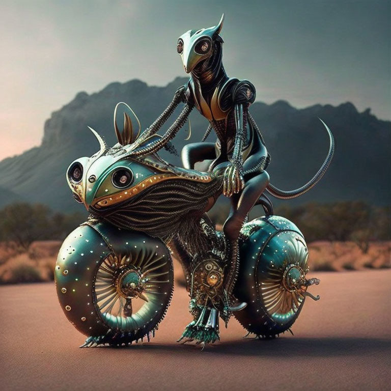 Alien riding motorbike-like creature in barren landscape