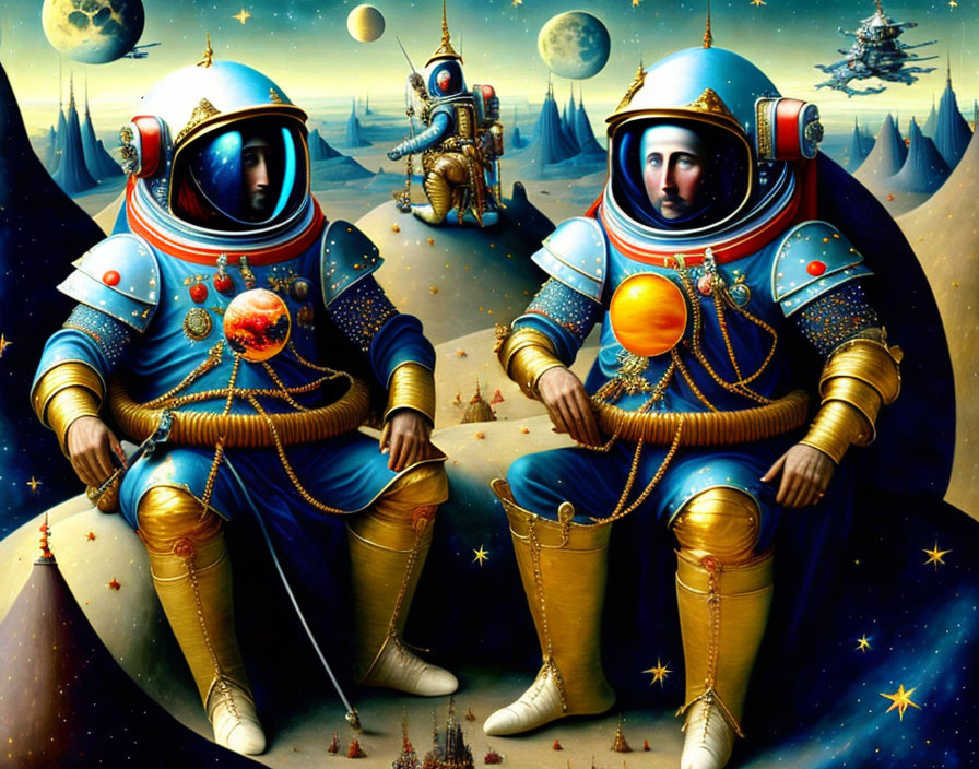 Astronauts in ornate space suits on fantastical planet with stars and moons