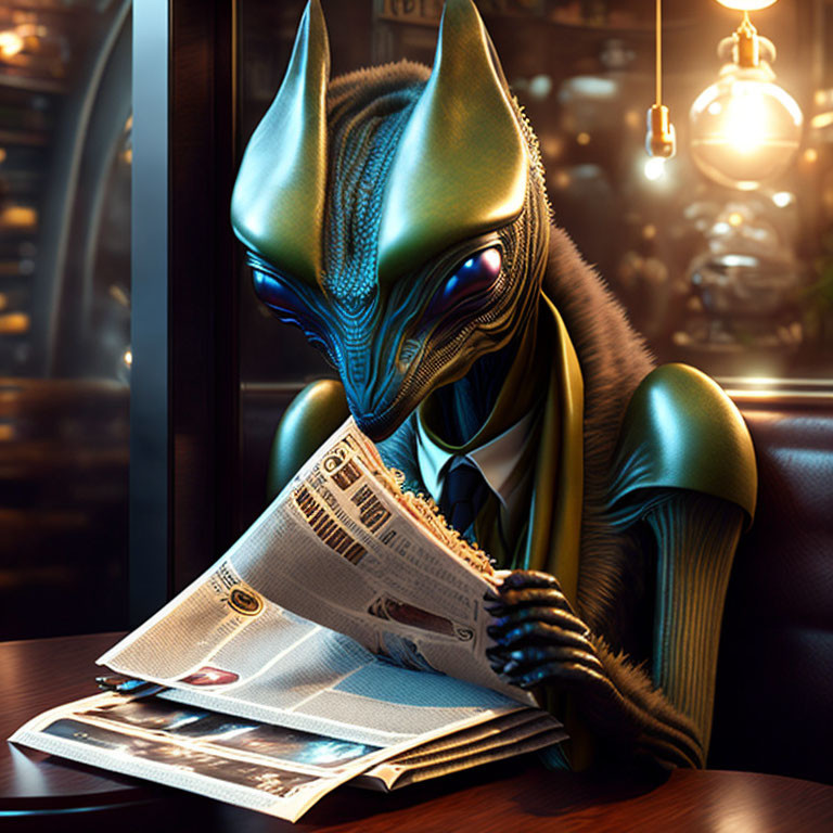 Blue-green anthropomorphic alien reading newspaper in cozy cafe