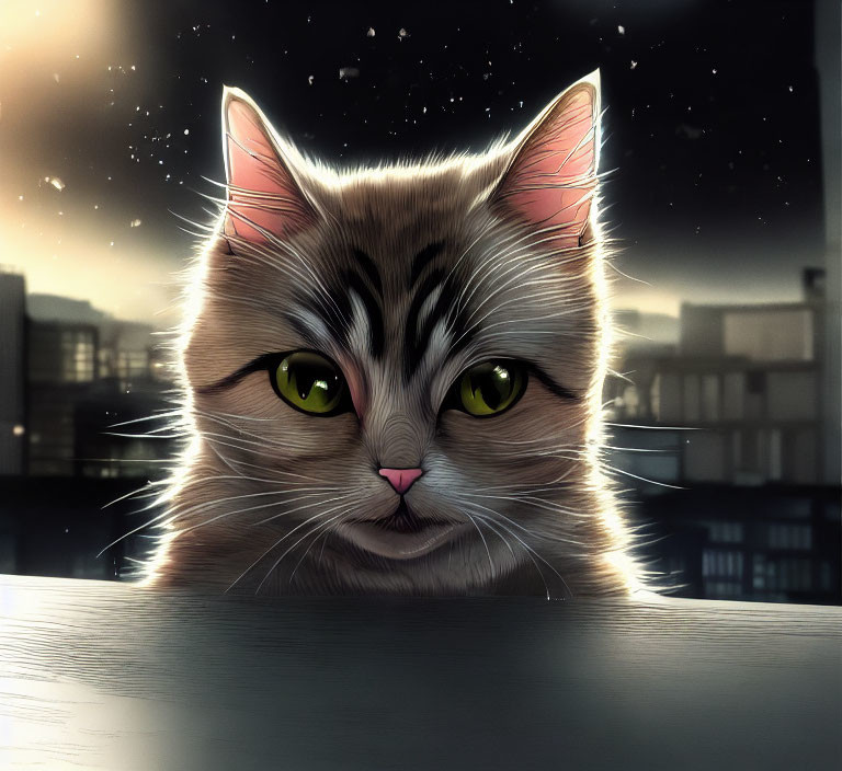 Illustration of tabby cat with green eyes against city skyline at dusk