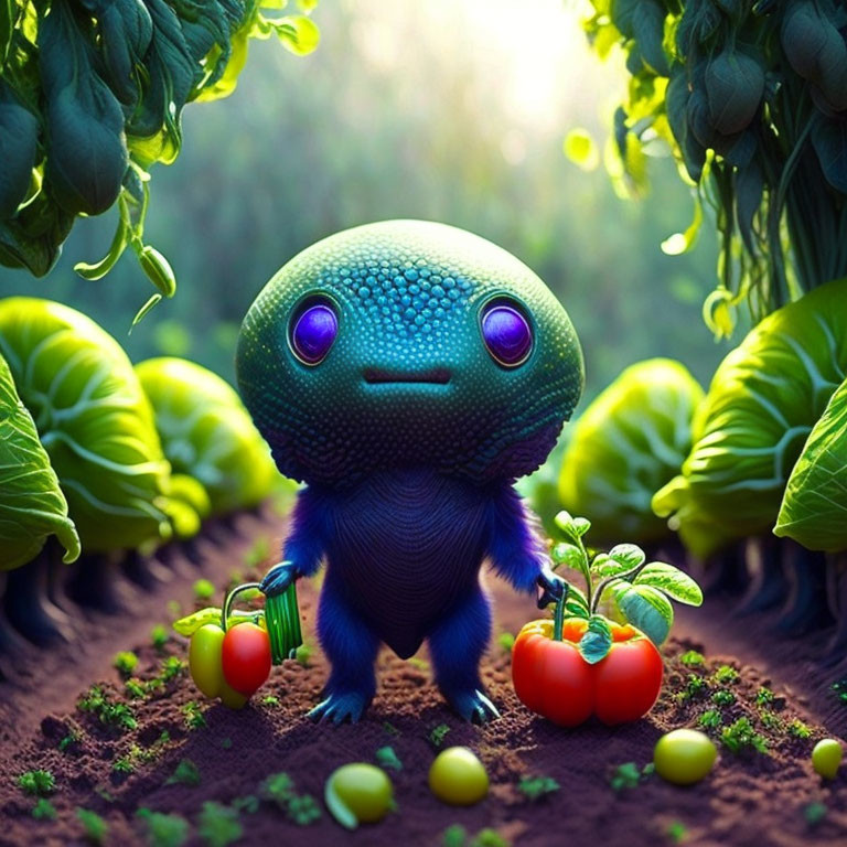 Blue reptilian creature with purple eyes in vegetable garden with tomatoes