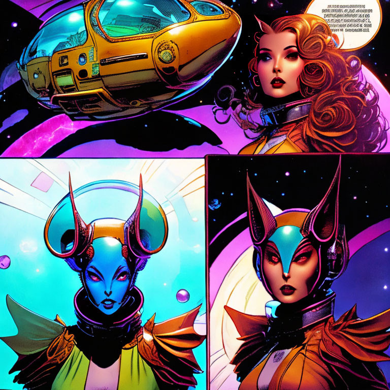 Colorful comic strip with golden spaceship and humanoid figure with red hair alongside blue-skinned alien with exotic