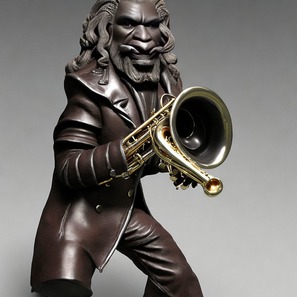 Stylized gorilla figurine in brown leather jacket playing golden trumpet