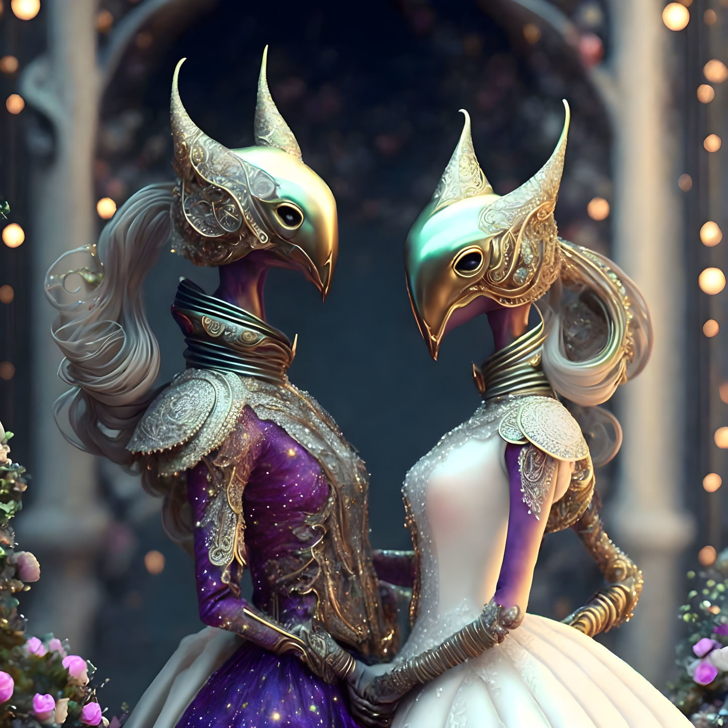 Ornate bird-masked figures in elegant attire touching hands amid soft lights and florals