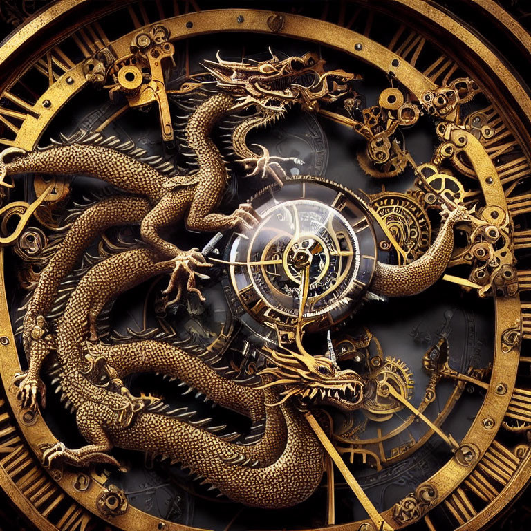 Steampunk-style Artwork with Clock Face, Metallic Dragons, Cogs, and Gears