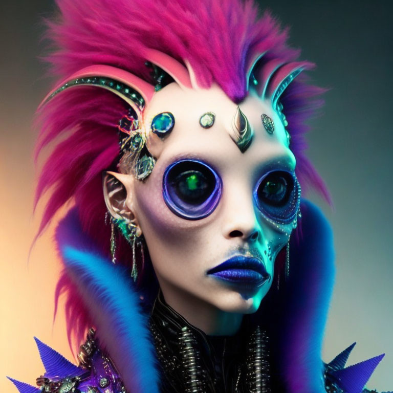 Portrait of person with purple skin, blue eyes, pink and blue mohawk, futuristic jewelry.