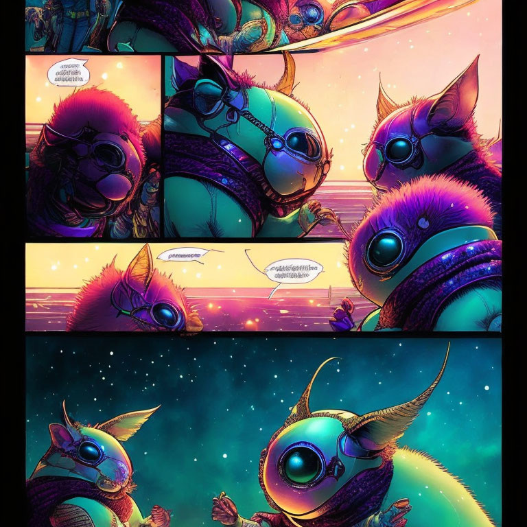 Vibrant comic strip featuring insect-like alien in cosmic setting