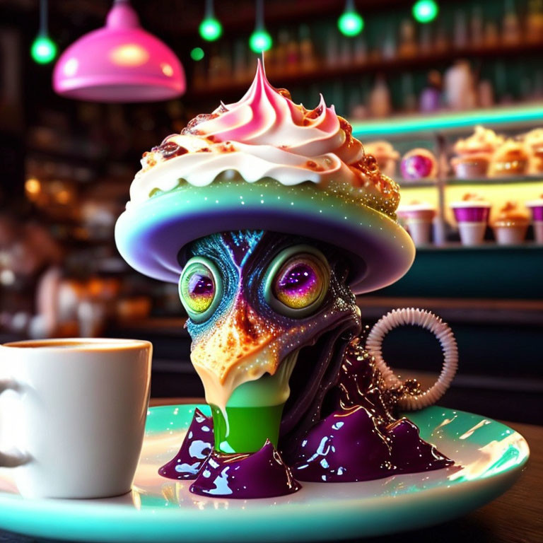 Vibrant digital artwork: Alien melting next to coffee cup