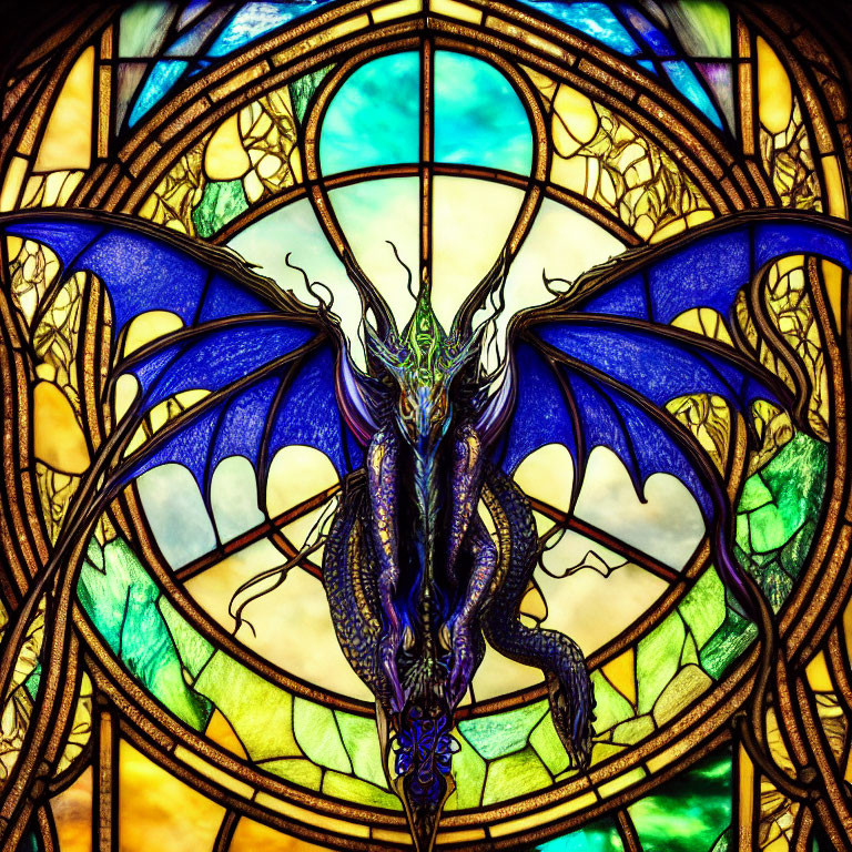 Colorful stained glass window featuring mythical dragon with blue wings